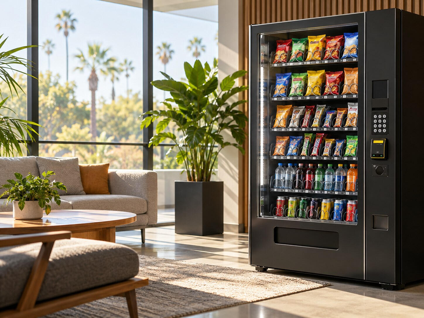 Illustrative snack and beverage vending machine in a welcoming business lounge.
